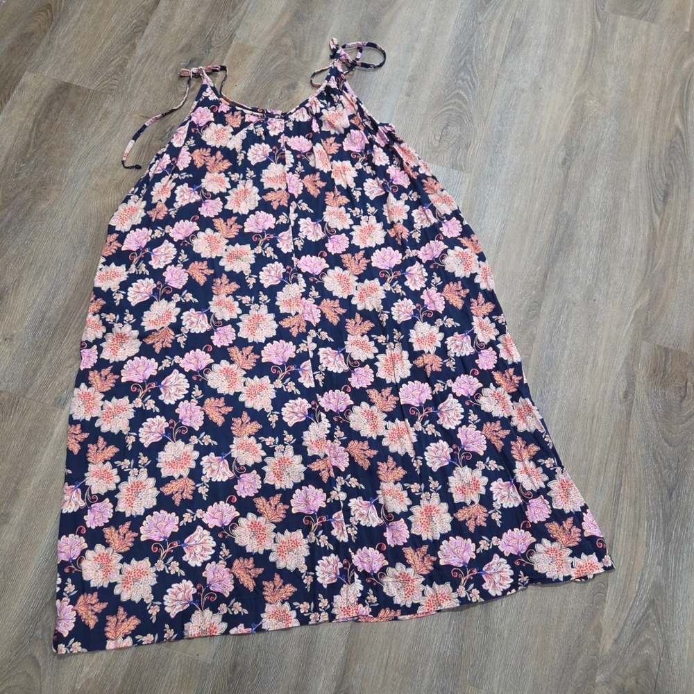 Old Navy Womens XL Floral Sleeveless Swing Dress Navy Pink Tie Shoulder Pockets